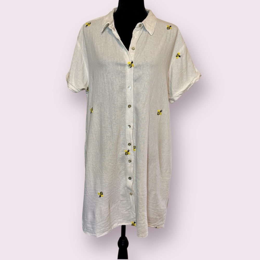 Joie Linen Blend Button Up Shirt Dress Embroidered Bumble Bees White Size XL